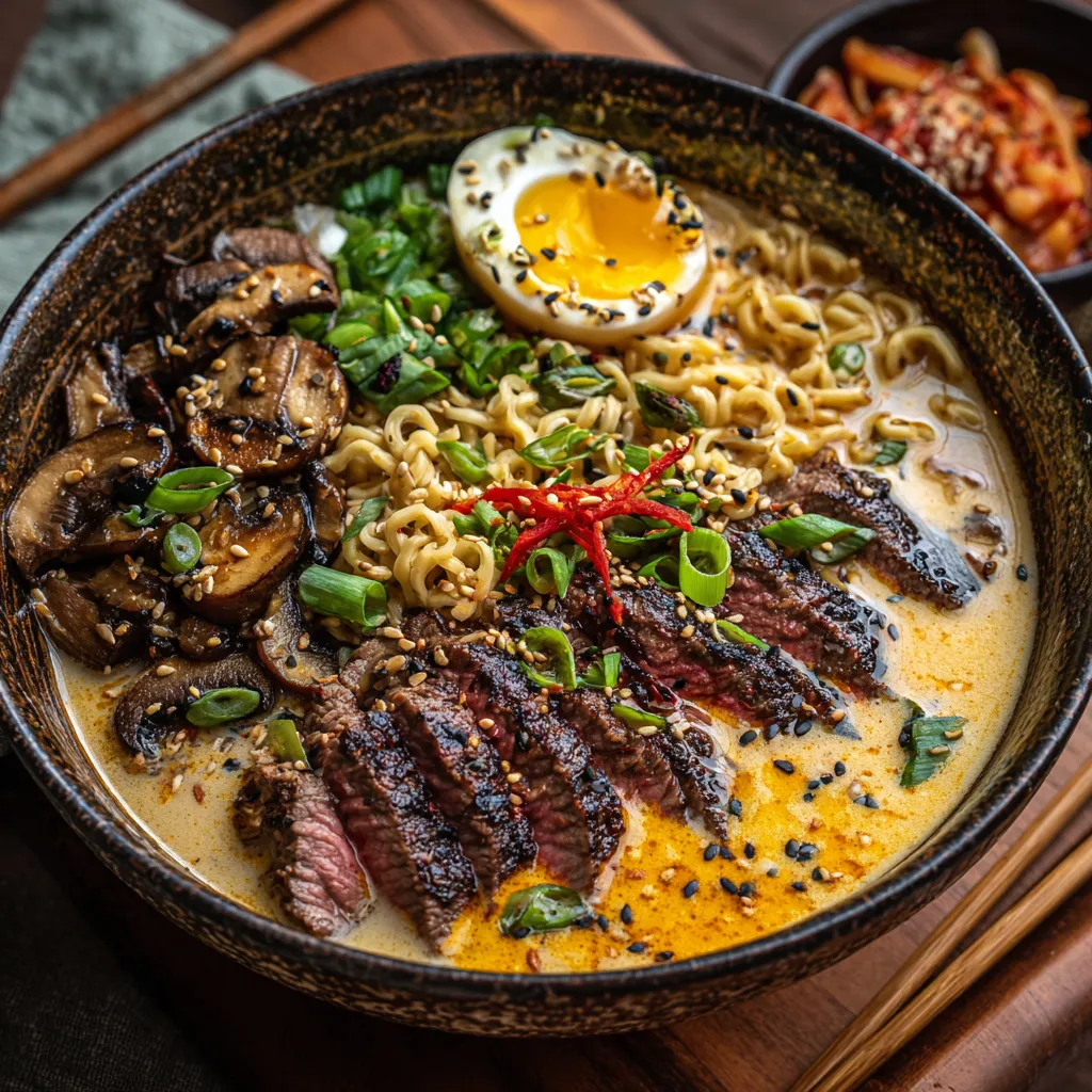 A bowl of Asian food with noodles, mushrooms, and meat.