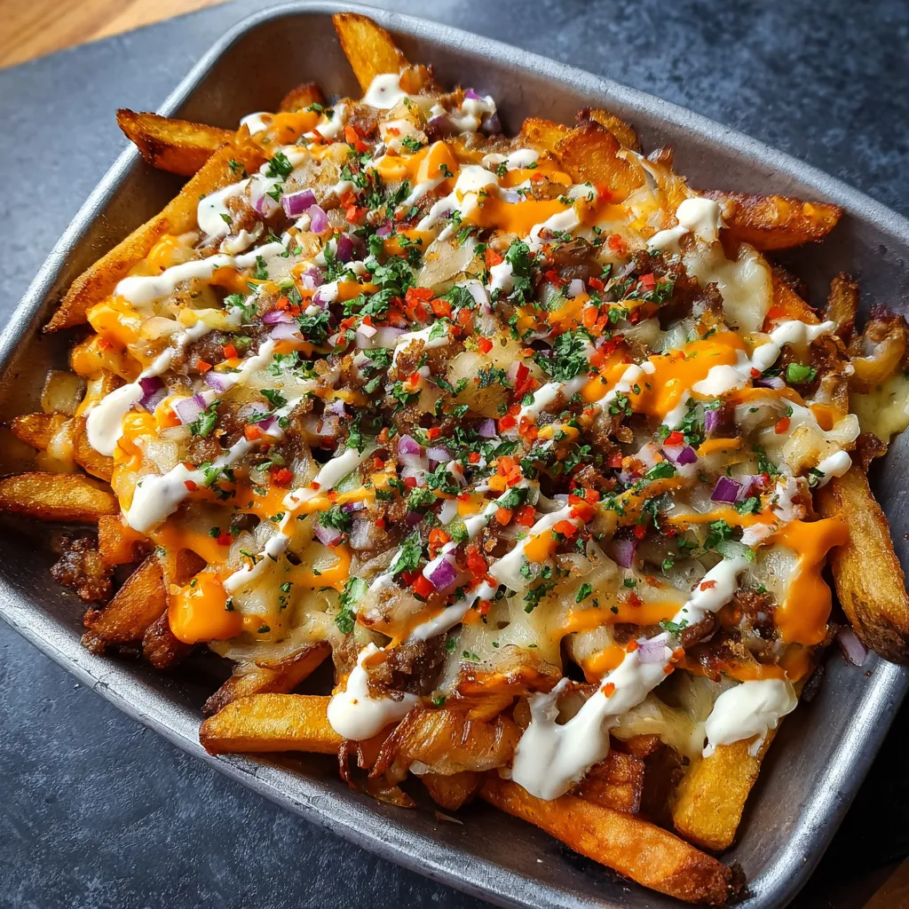 A plate of dirty fries with cheese and onions.