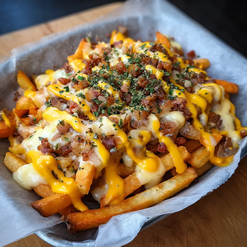 A plate of dirty fries with cheese and bacon.