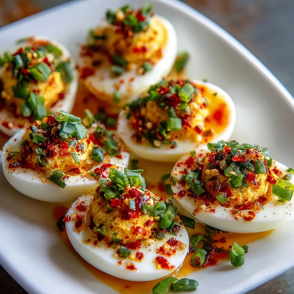 Spicy chili garlic deviled eggs.