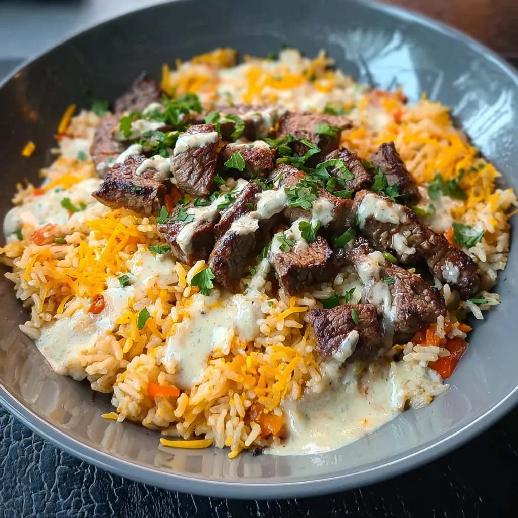 A bowl of rice with meat and cheese.
