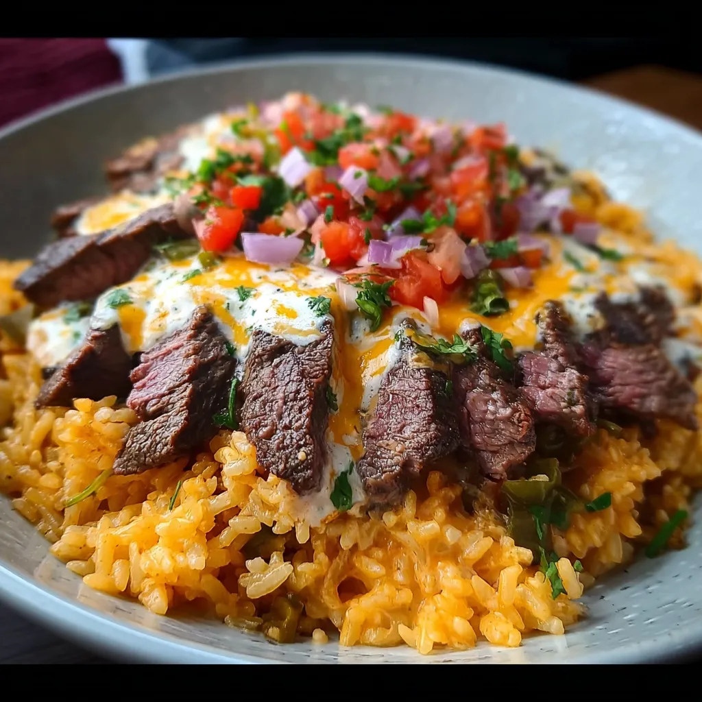 A plate of steak queso rice.