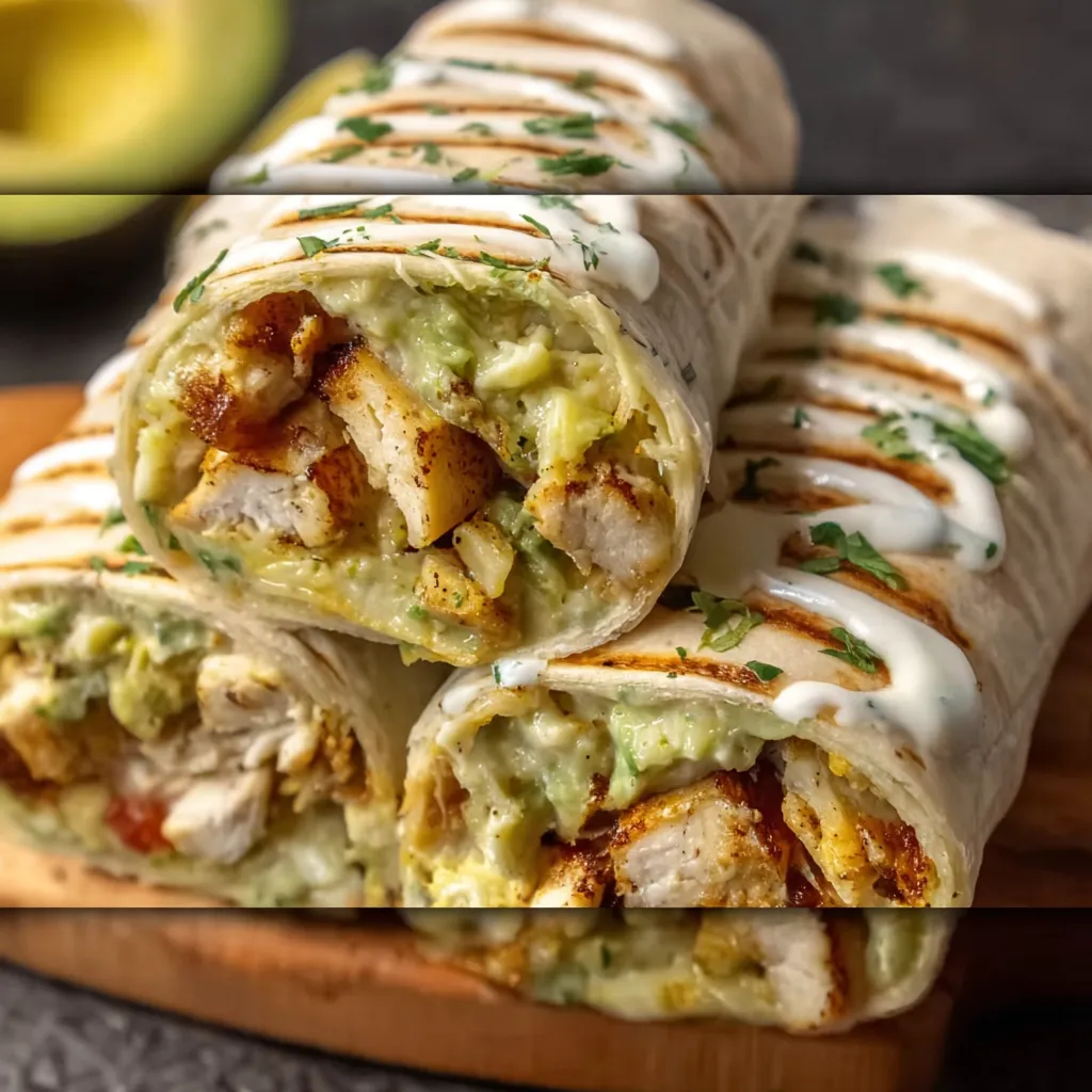 A chicken avocado burrito on a wooden cutting board.