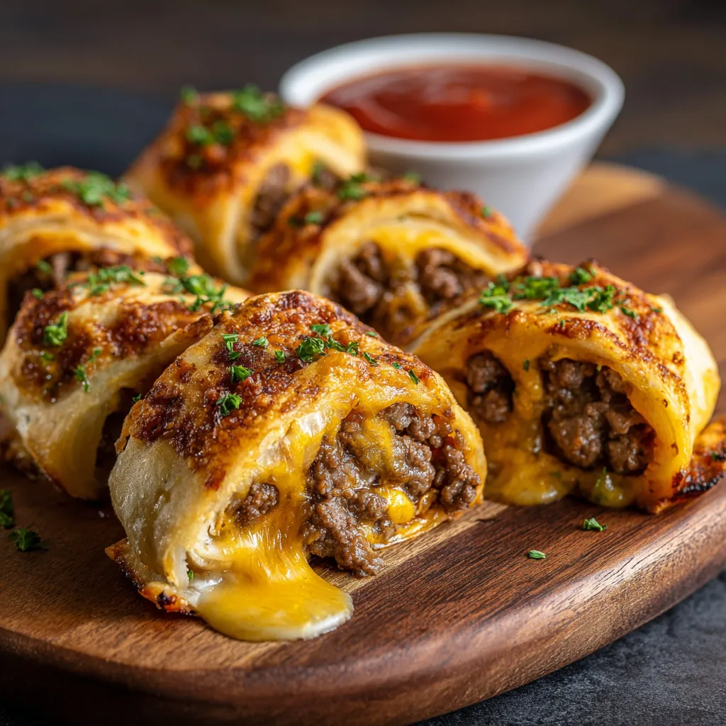 Garlic butter beef cheeseburger rollups on a wooden platter.
