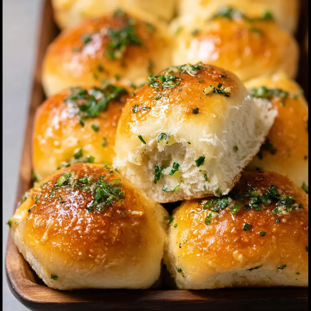 A tray of garlic butter dinner rolls.