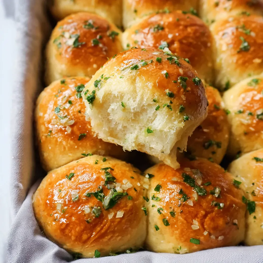 A basket of garlic butter dinner rolls.