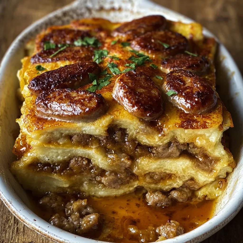 A pancake sausage casserole in a white bowl.