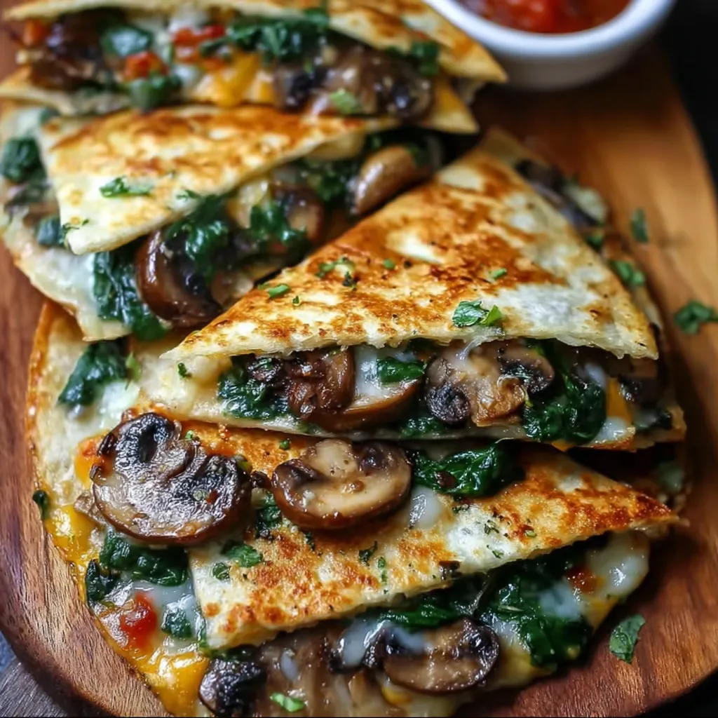 Baked spinach mushroom on a wooden board.