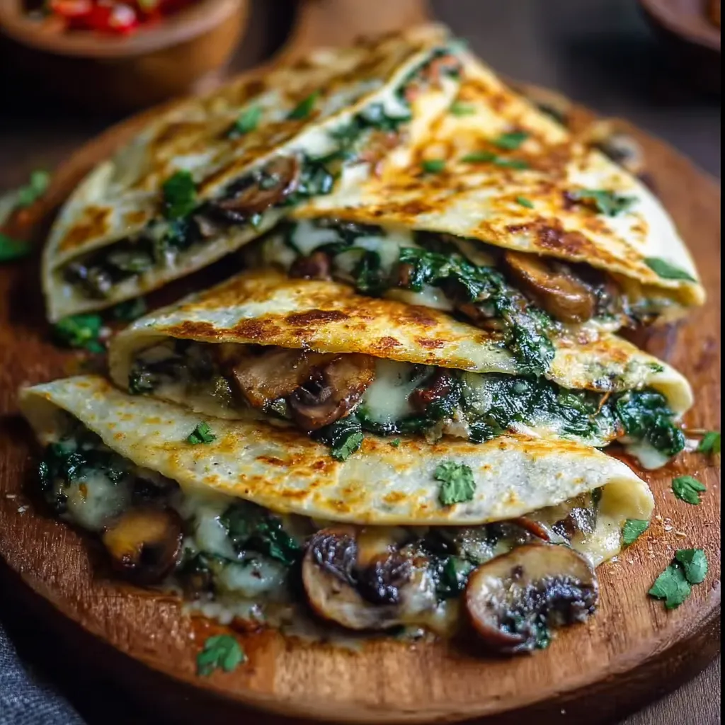 A stack of baked spinach and mushroom quesadillas.