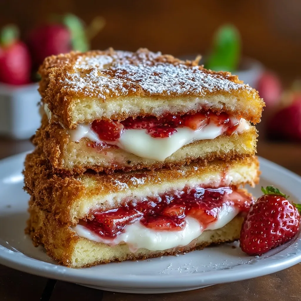 A plate of fried strawberry cheesecake sandwiches.
