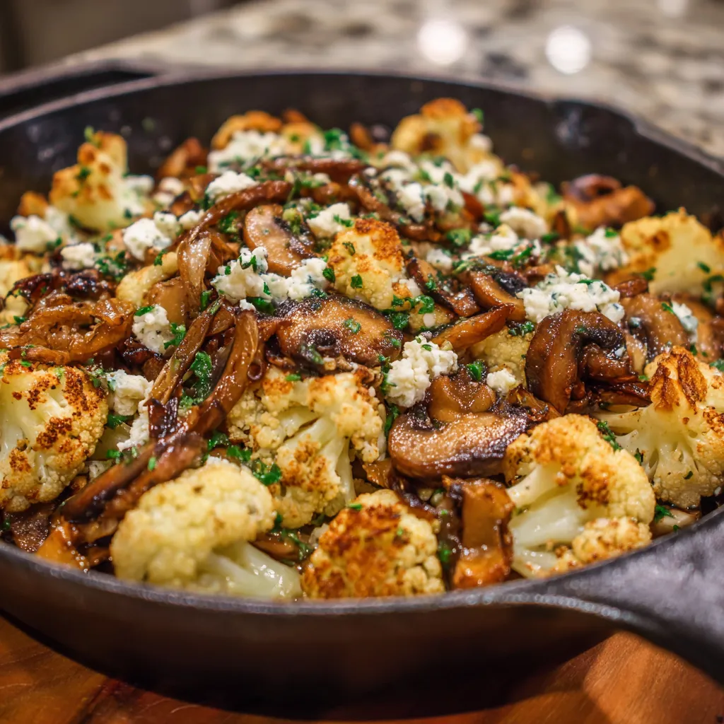 A skillet full of garlic, cauliflower, and mushrooms.