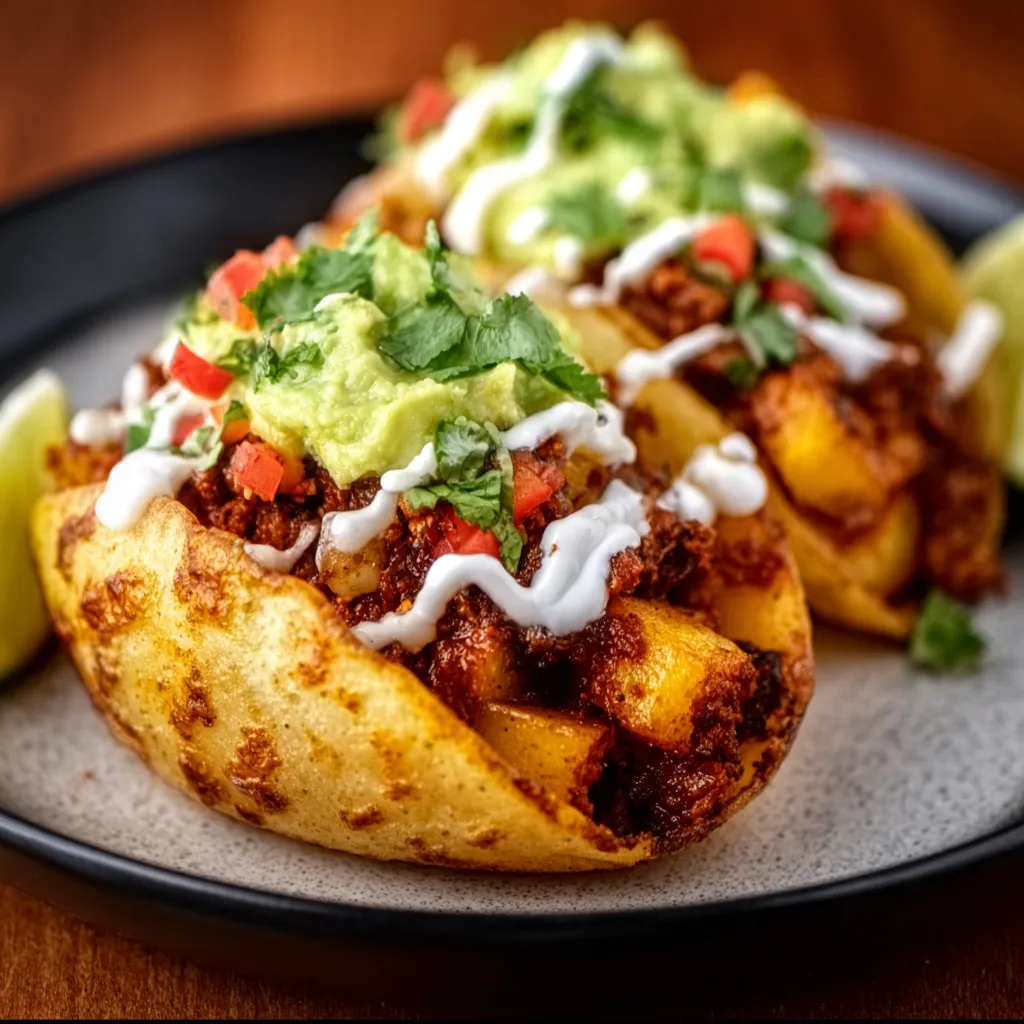 A plate of tacos with potatoes on top.