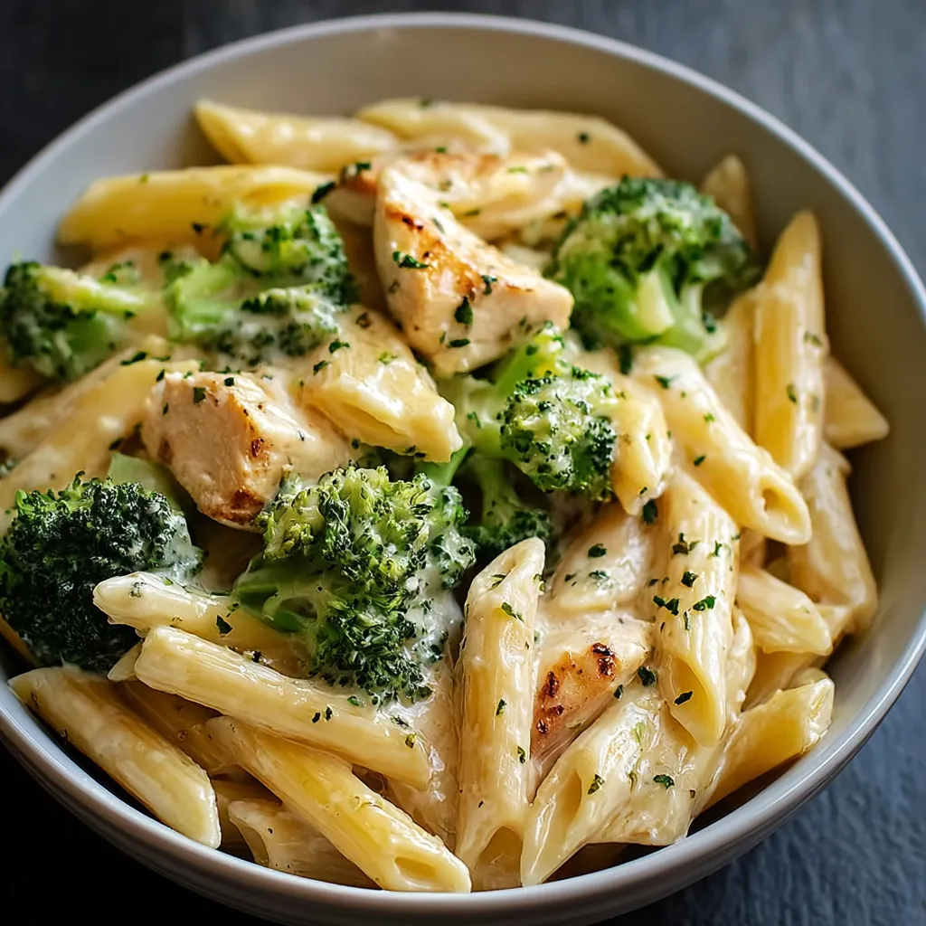 A bowl of creamy broccoli and chicken penne.