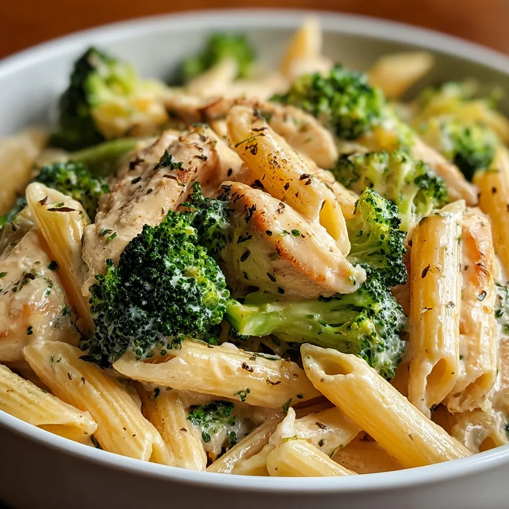 A bowl of creamy broccoli and chicken penne.