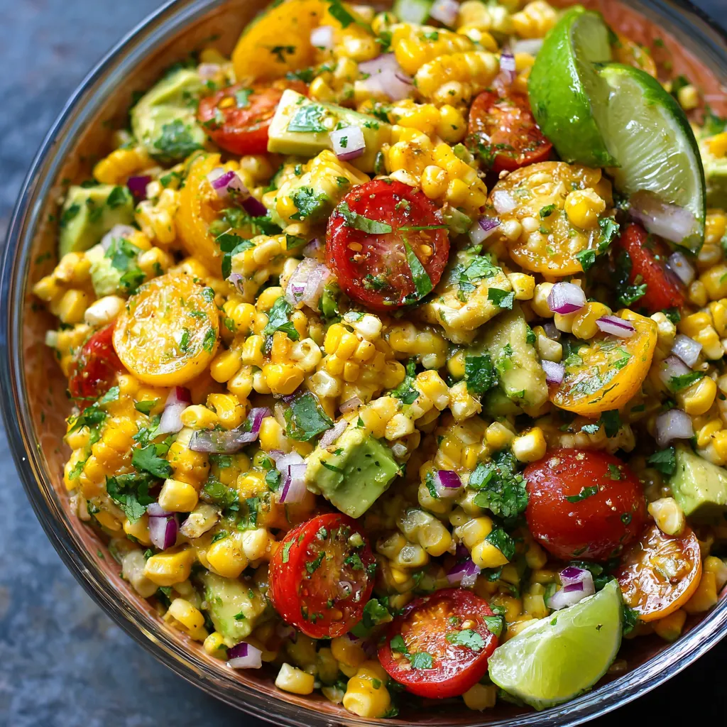 A bowl of corn salad with avocado.