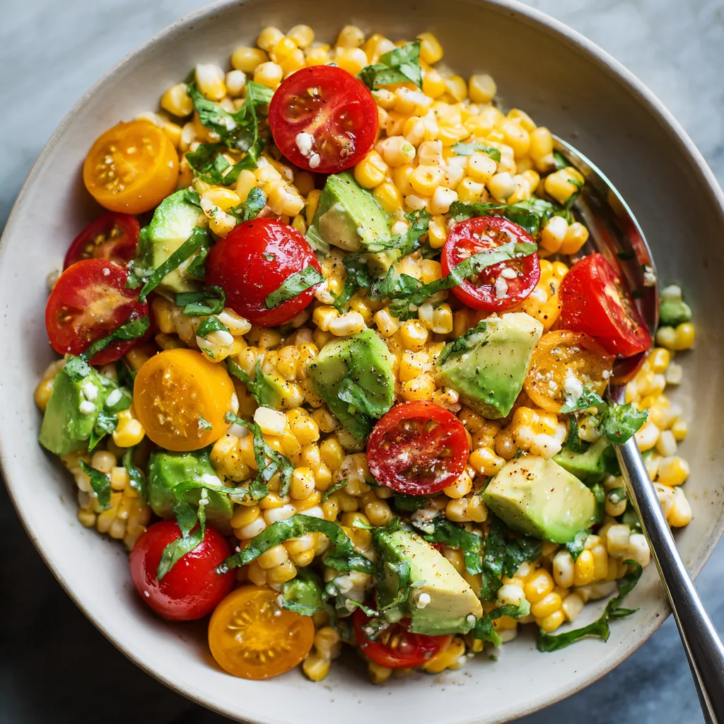 A bowl of corn salad with tomatoes and avocado.