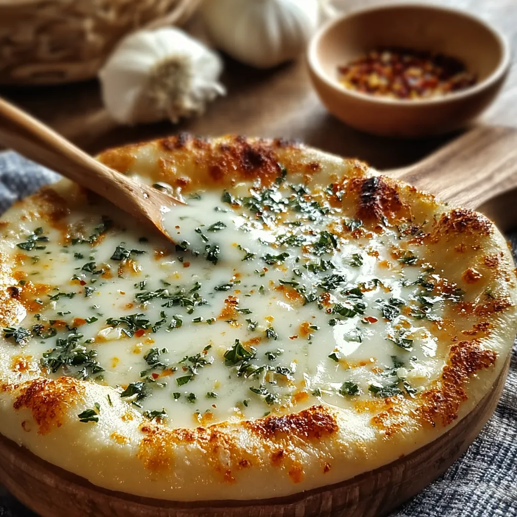 A bowl of garlic sauce sits on a table next to a pizza.