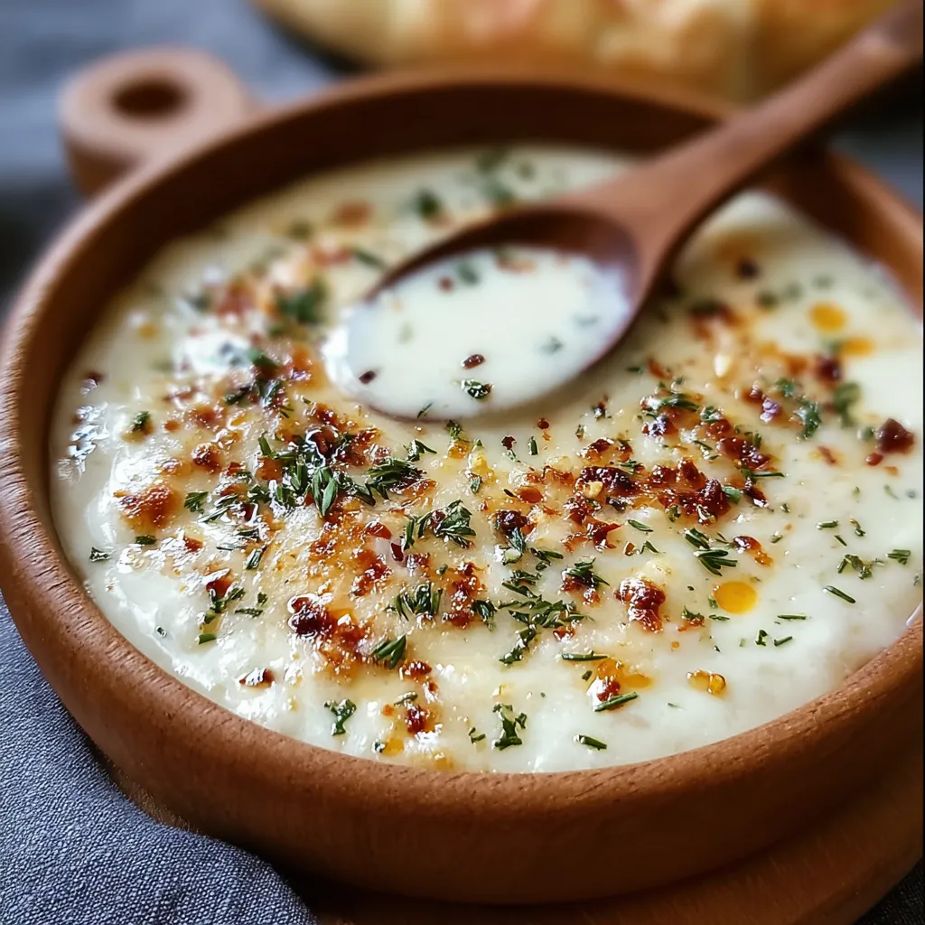 A bowl of garlic sauce with a spoon in it.