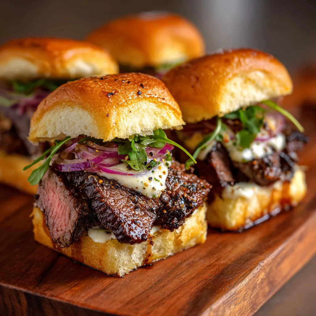Three cowboy butter steak sliders on a wooden platter.