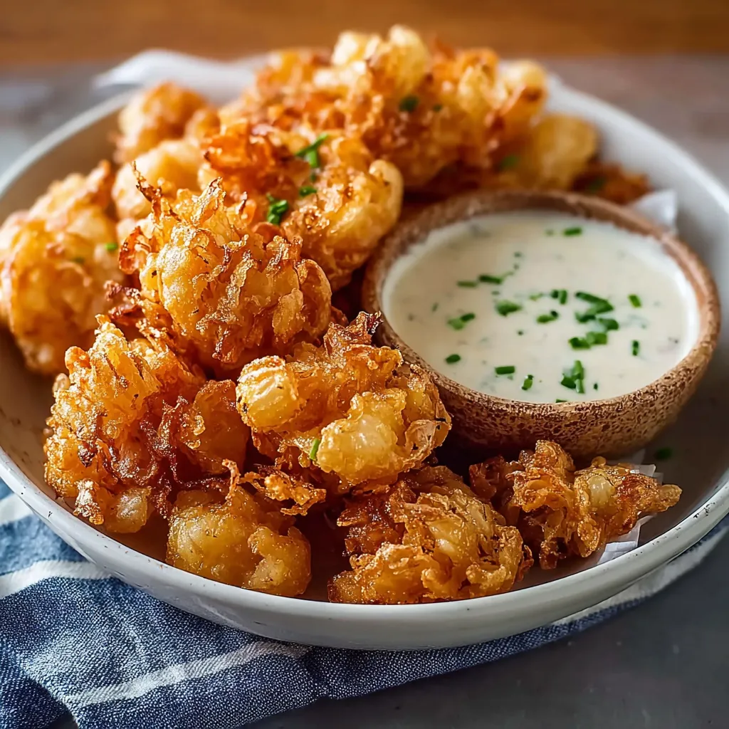 A plate of mini blooming onion crunch bites with a creamy herb dip.