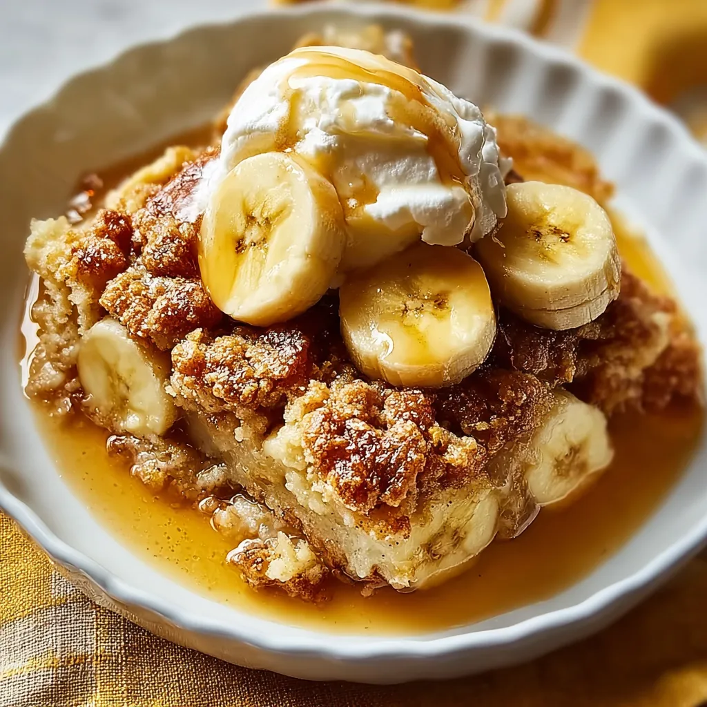 A slice of banana cobbler with ice cream on top.