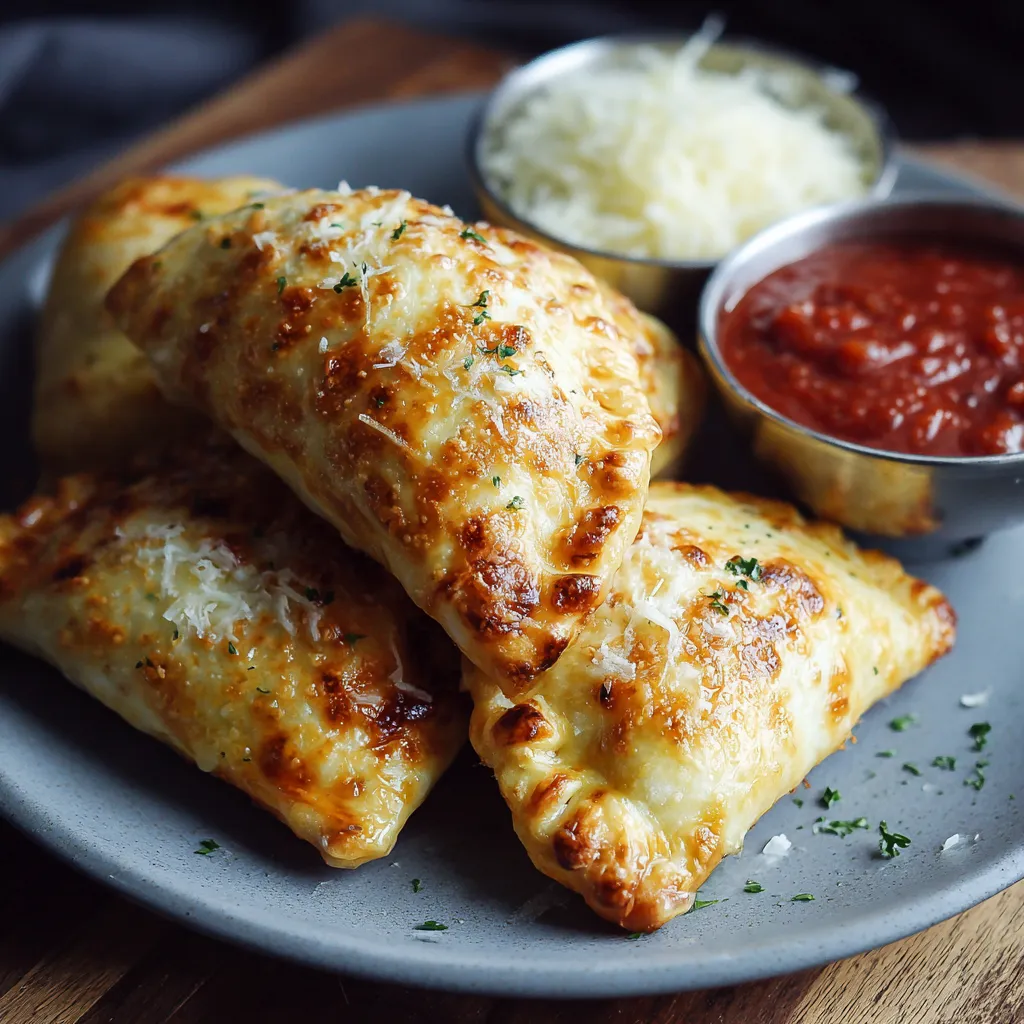 A plate of cheesy pizza pockets.