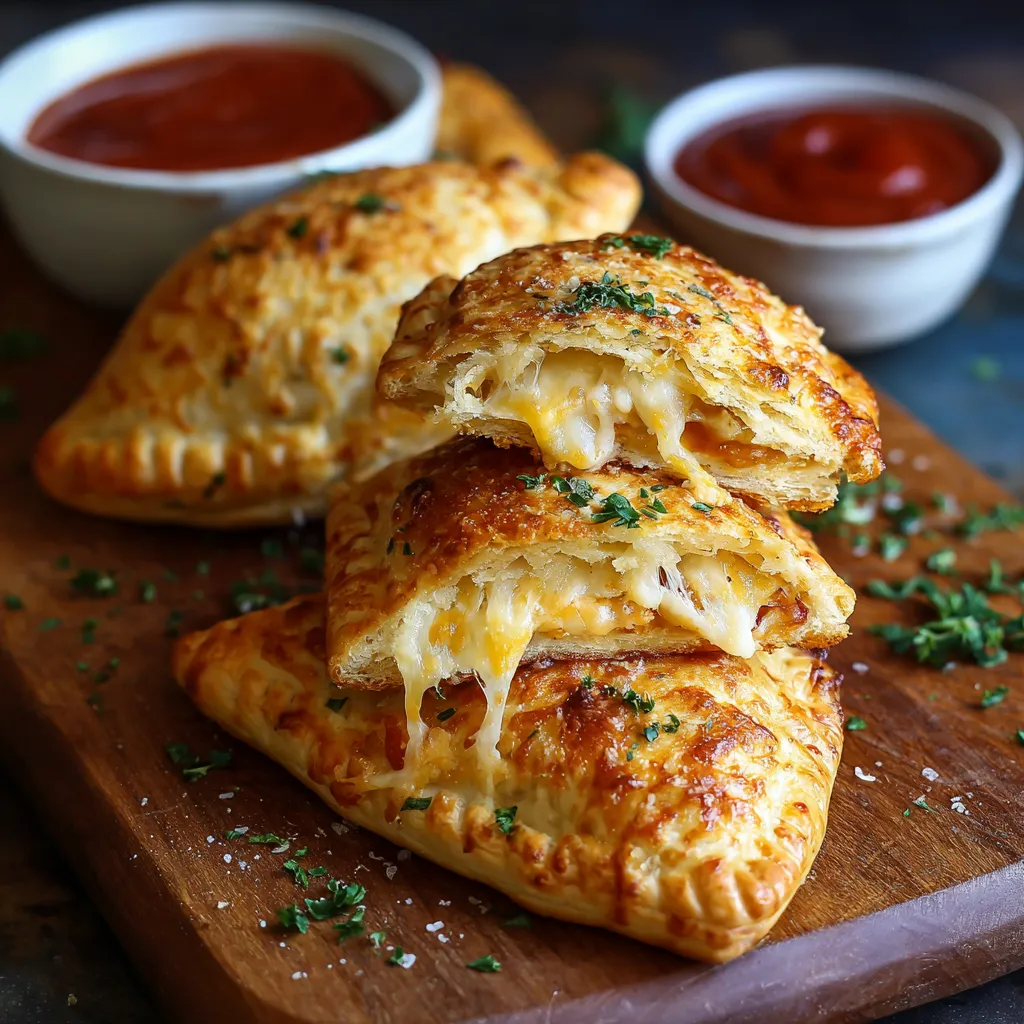 Two cheesy pizza pockets on a wooden cutting board.