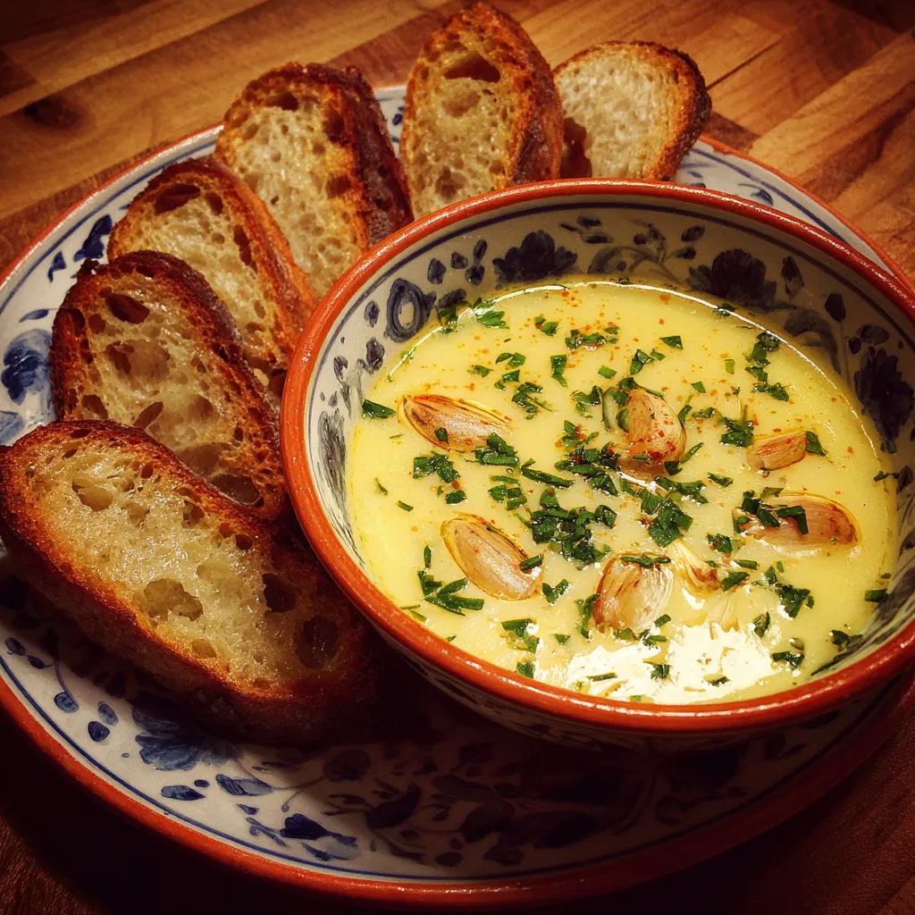 A bowl of garlic soup with bread on the side.