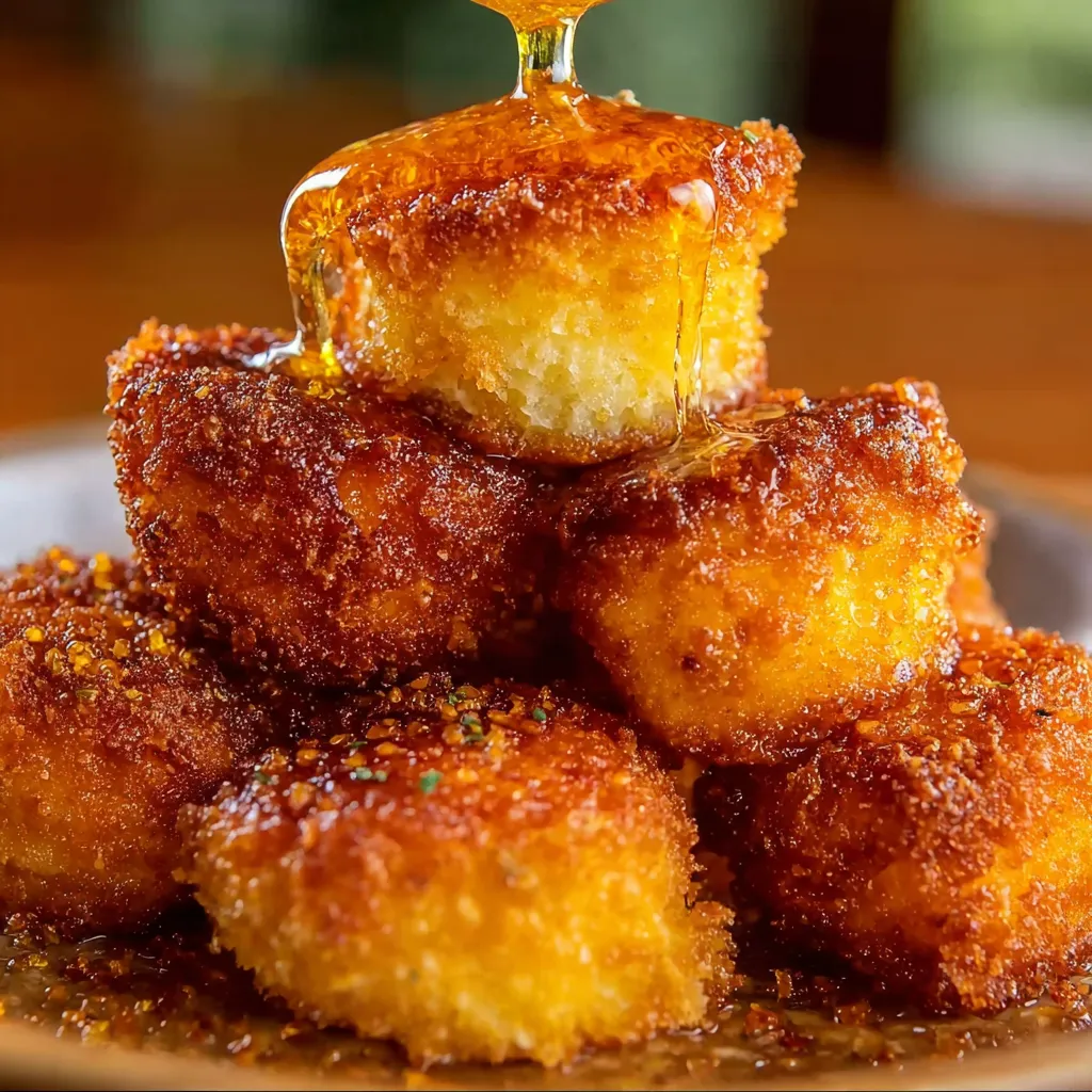 A stack of doughnuts with honey drizzled on top.