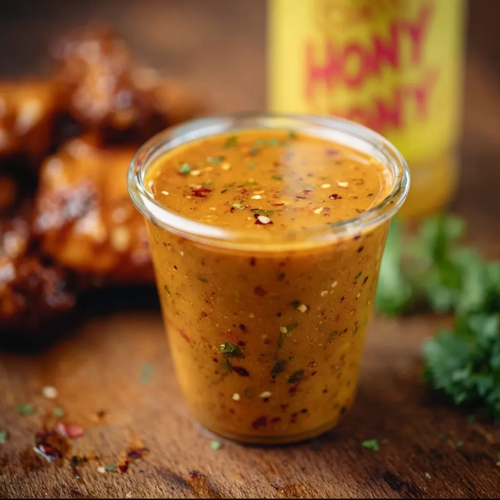 A small cup of hot honey ranch sauce.