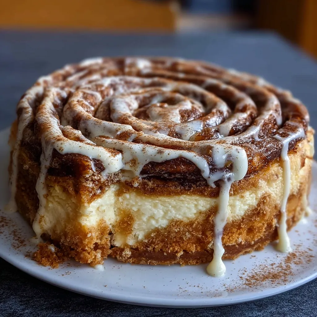 A cinnamon roll cheesecake on a plate.