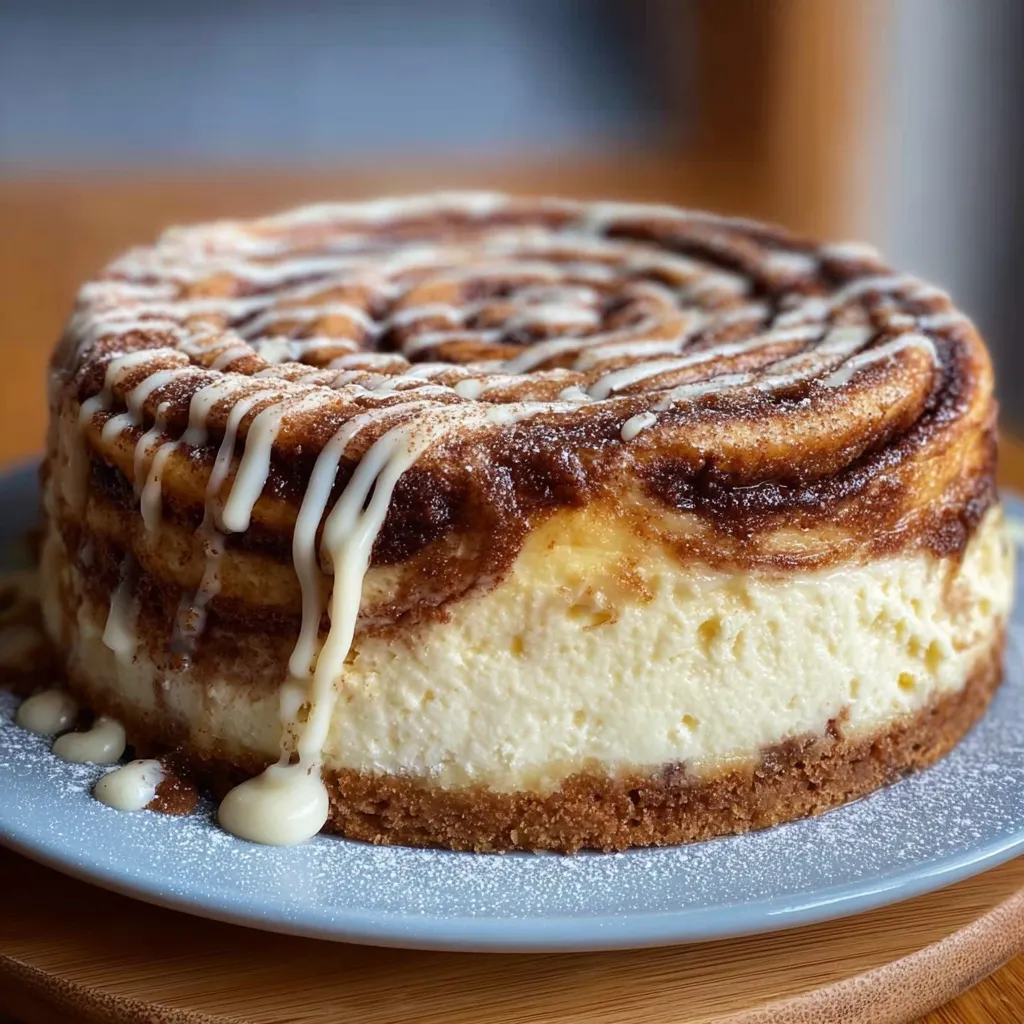 A cinnamon roll cheesecake on a plate.