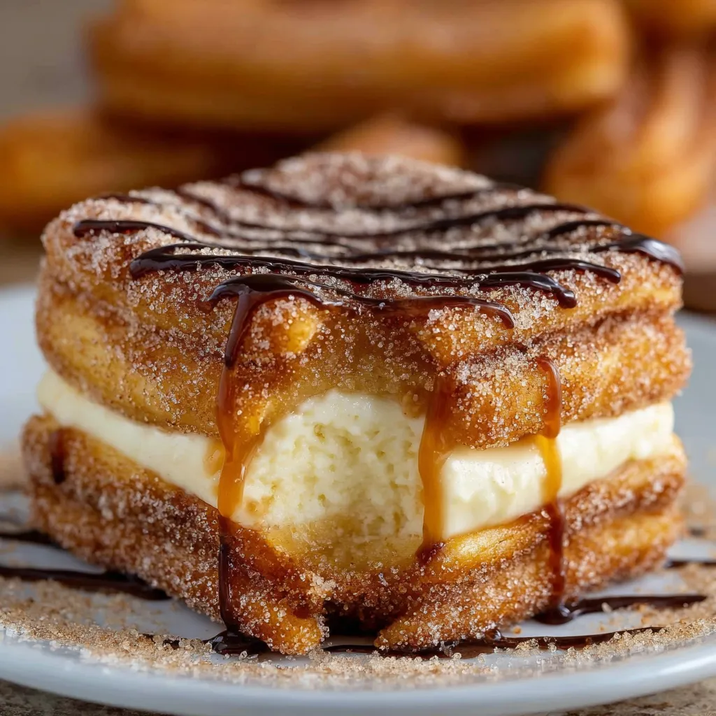 A churro cheesecake with caramel drizzle.