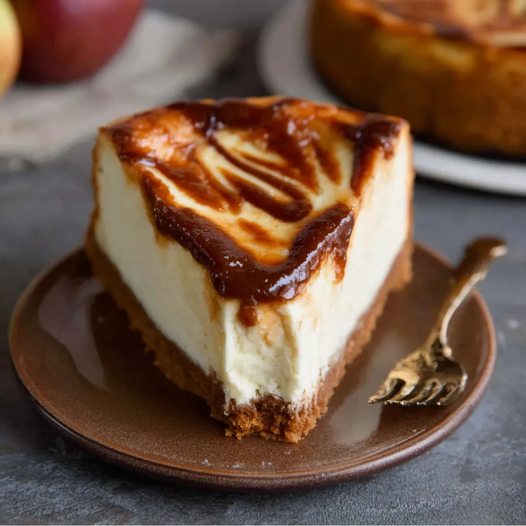 A slice of apple butter cheesecake on a plate.