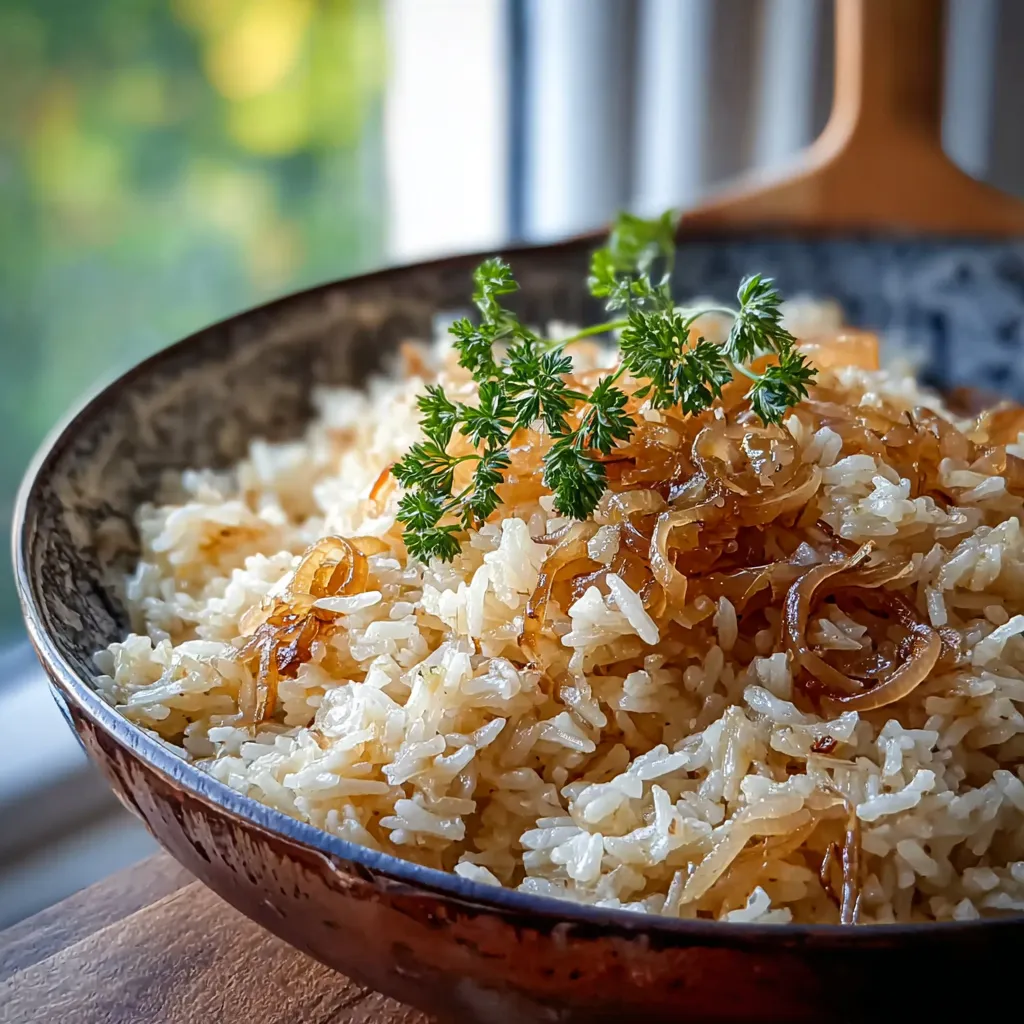 A bowl of rice with a sprig of parsley on top.