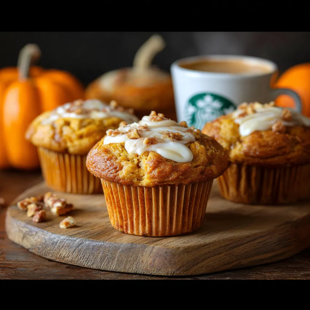 Three Starbucks Pumpkin Cream Cheese Muffins on a wooden tray.