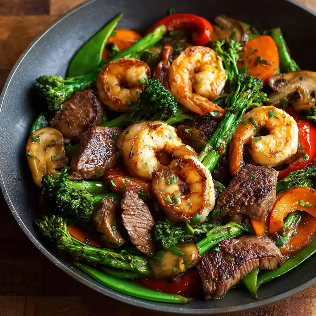 A bowl of steak and shrimp stir fry.