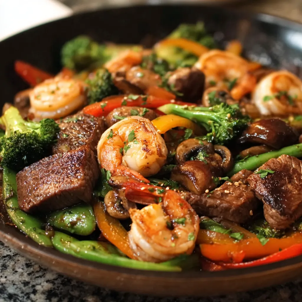 A bowl of steak and shrimp stir fry.