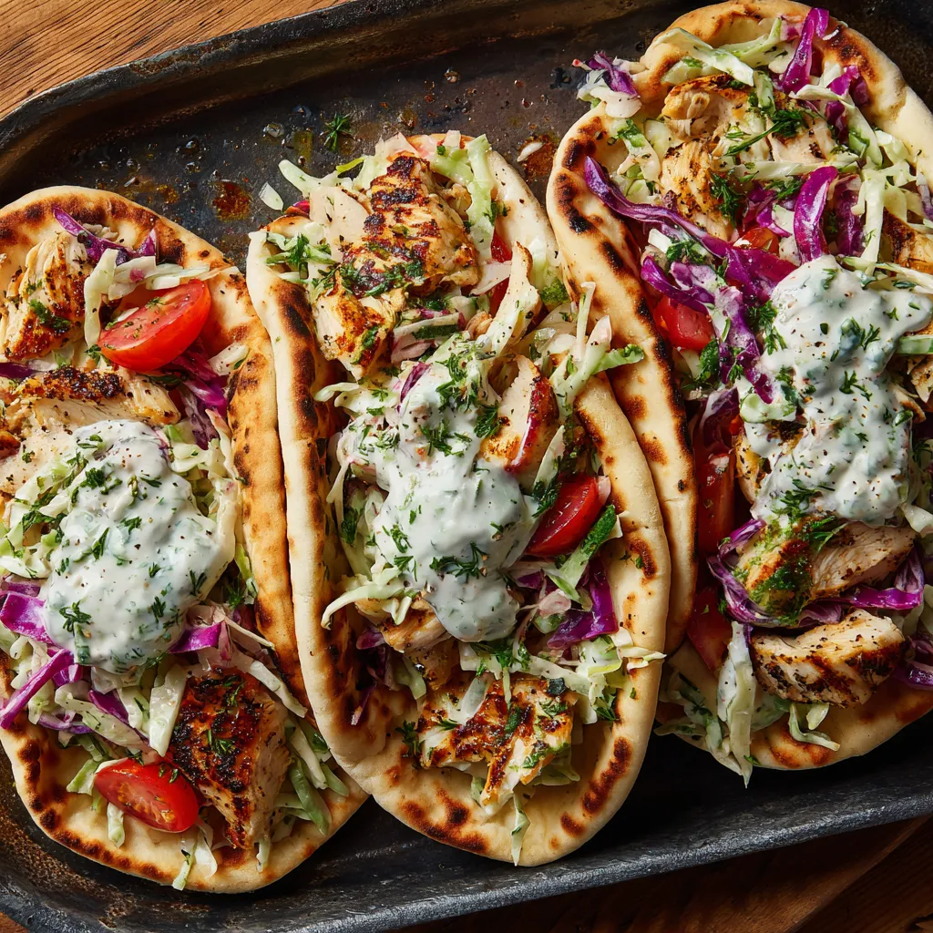 A pan of chicken pita sandwiches with a herby ranch slaw.