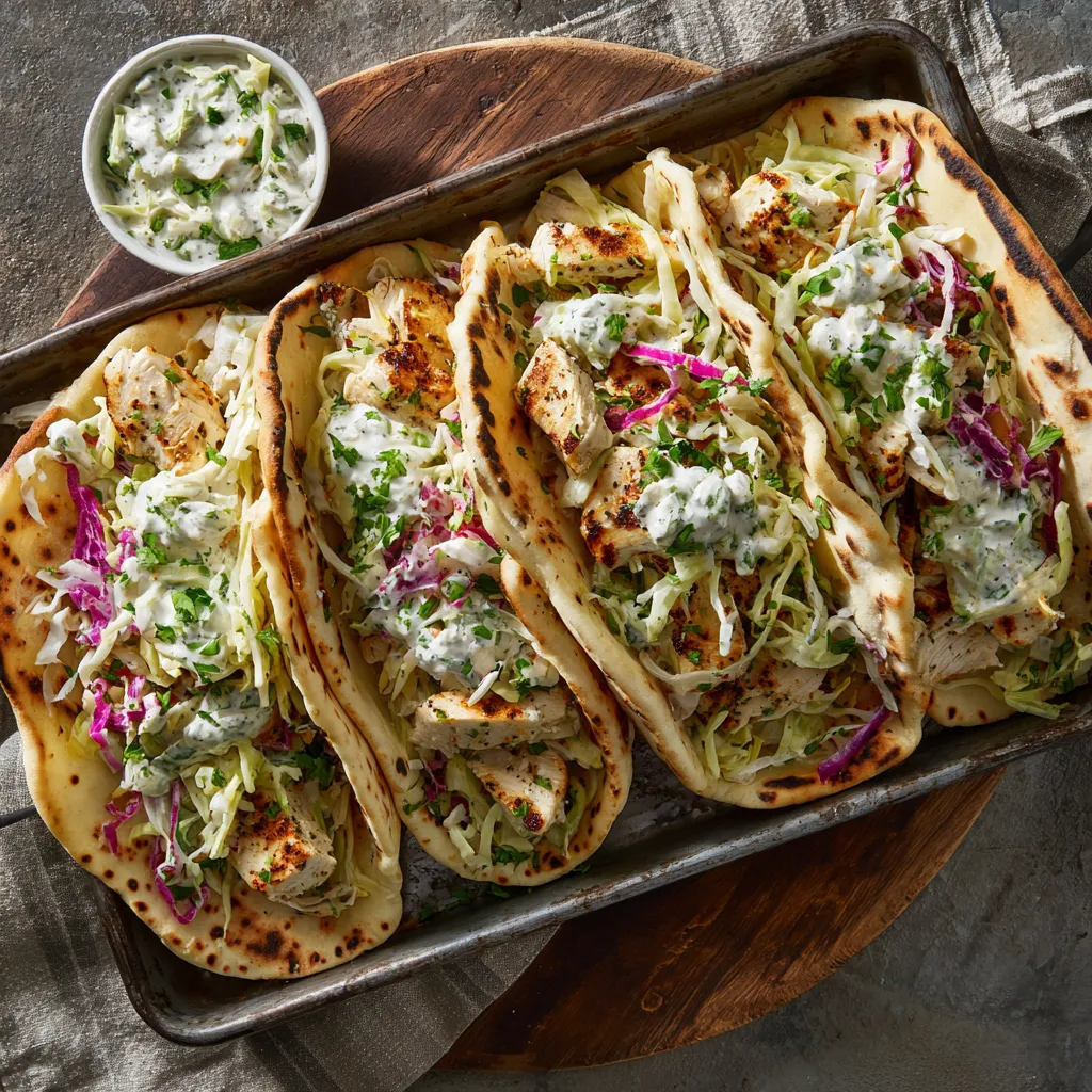 A pan of chicken pita sandwiches with a side of herby ranch slaw.