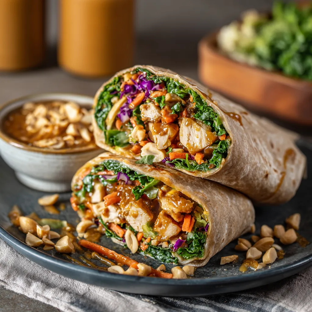 A plate of Thai Peanut Chicken Wraps.