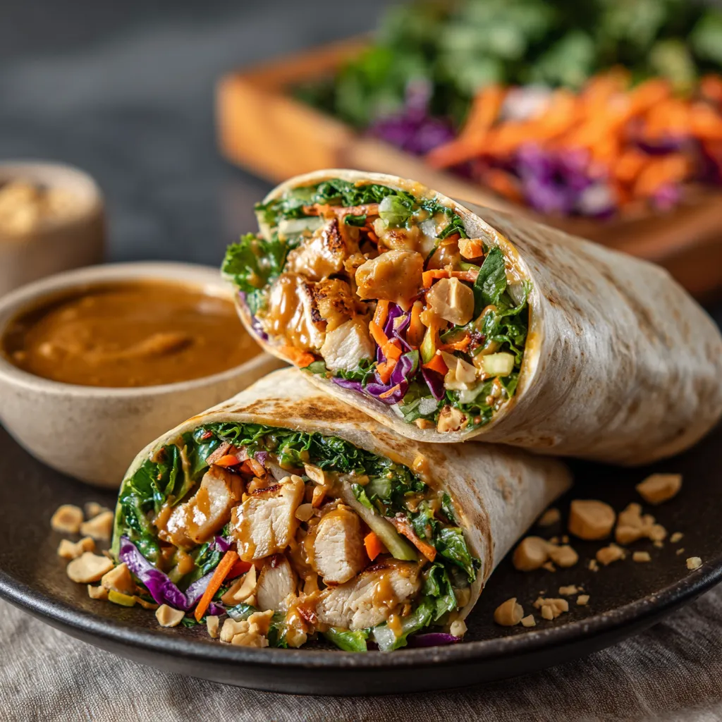 A plate of Thai Peanut Chicken Wraps.