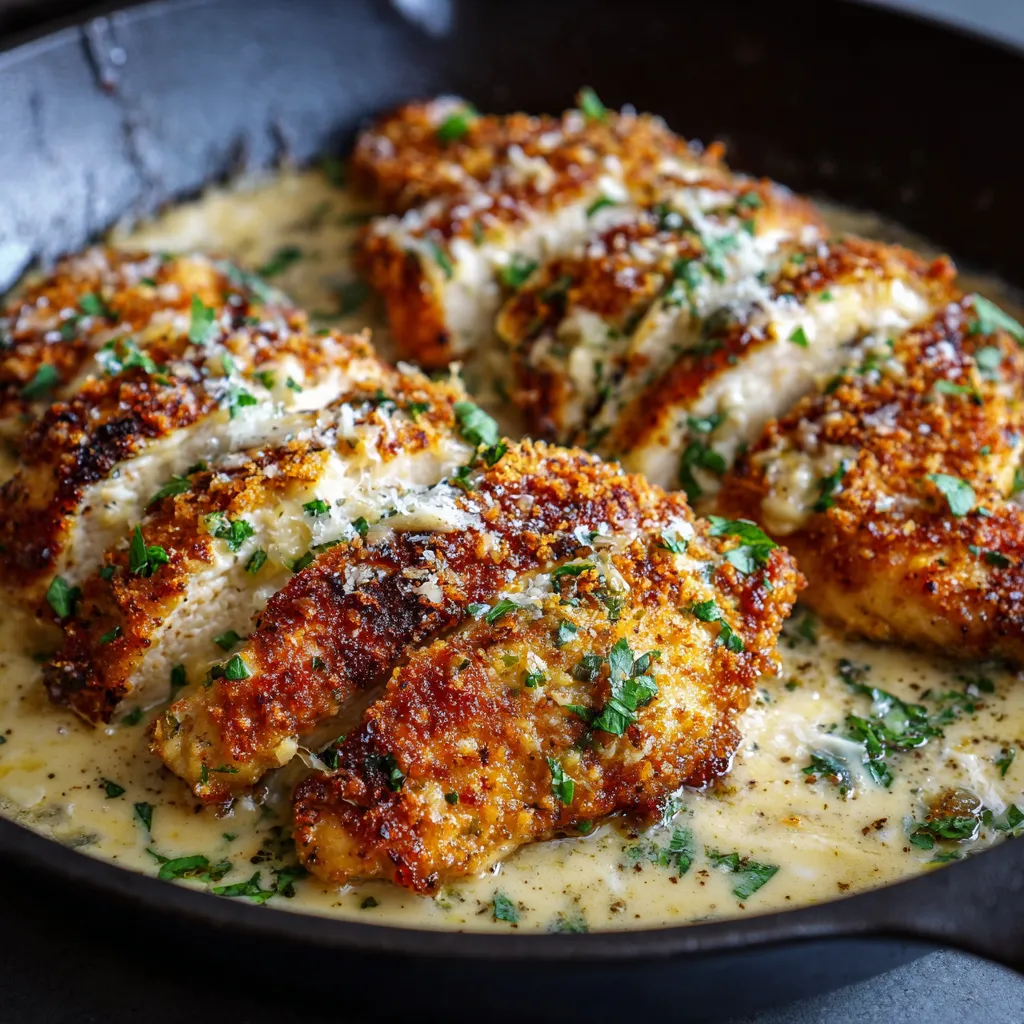 A pan of garlic Parmesan chicken.
