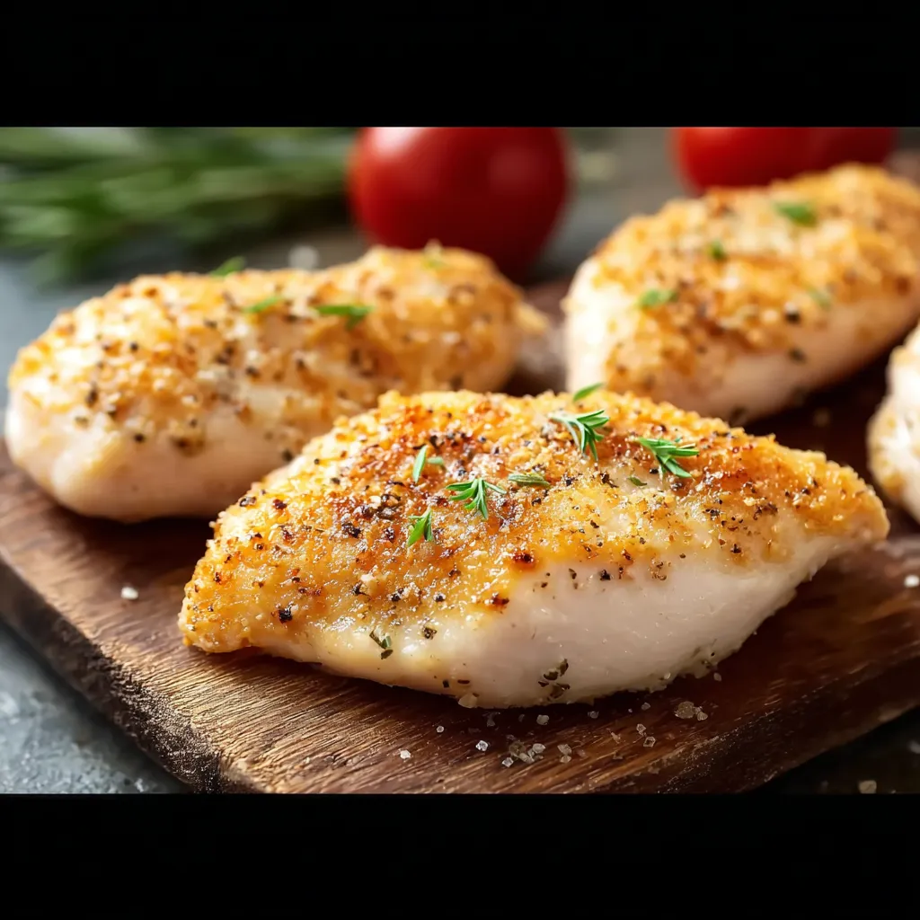 A piece of chicken breast with seasoning on a wooden cutting board.