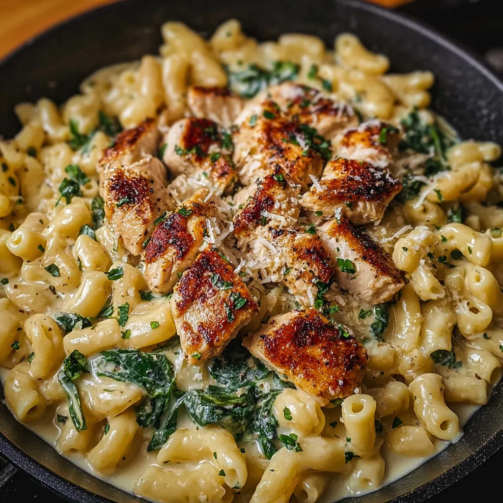 A dish of garlic Parmesan chicken pasta.