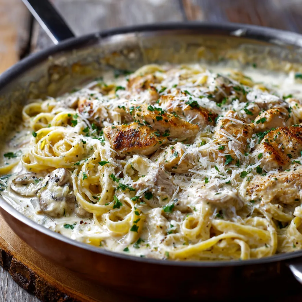 A pan of chicken and noodles.
