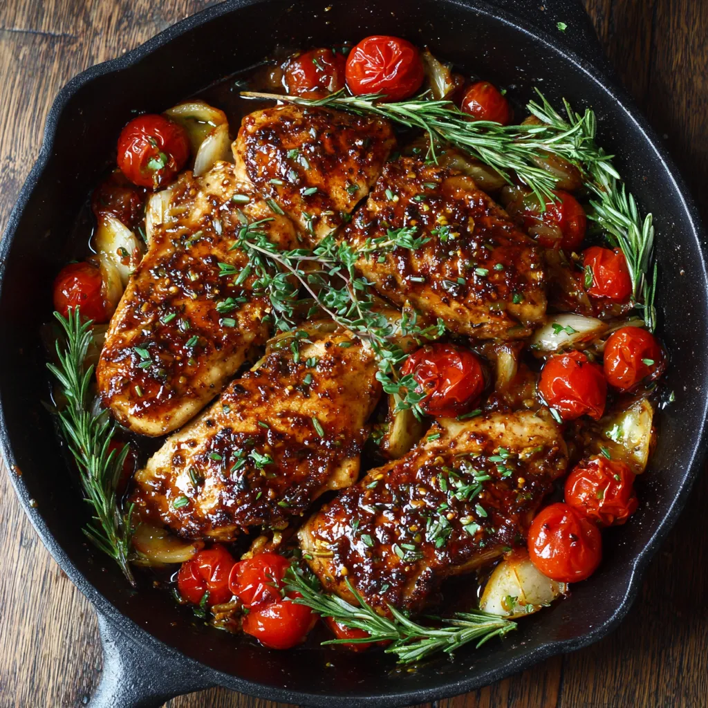 A pan of chicken with tomatoes and herbs.