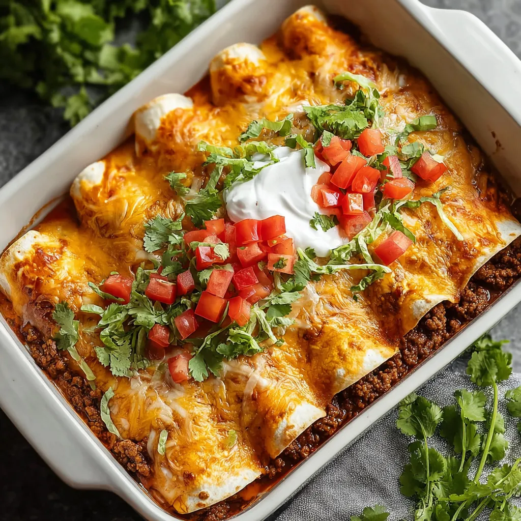 A white dish with a delicious meal of ground beef enchiladas.