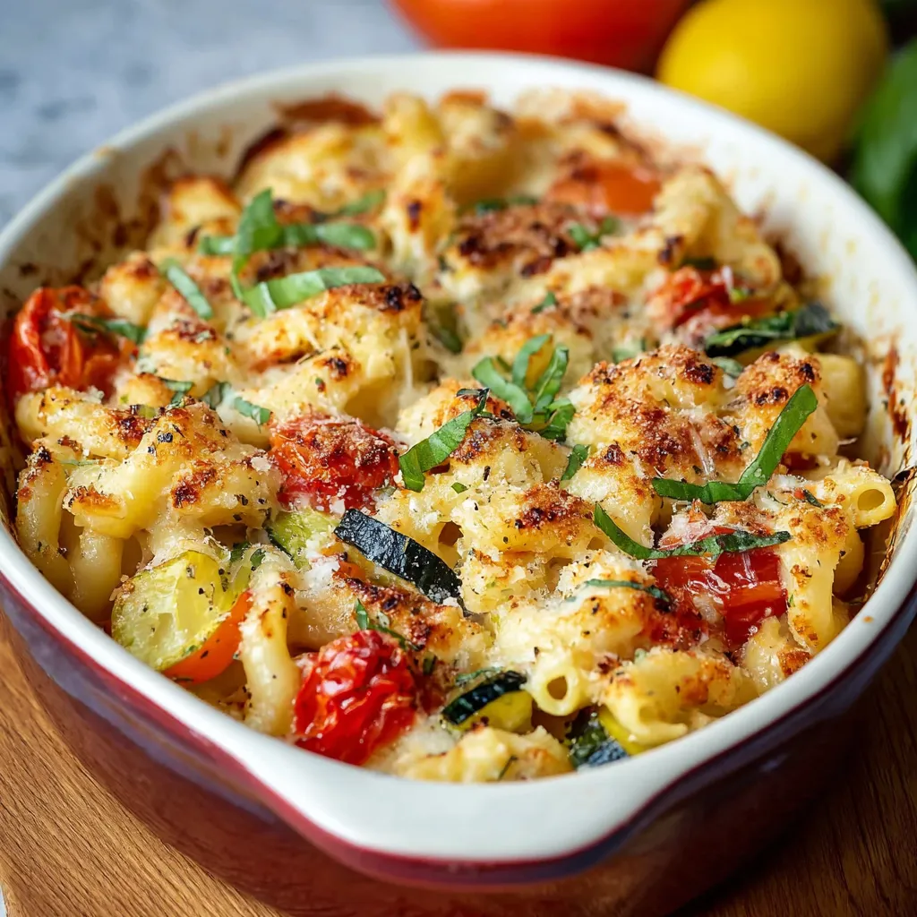 A bowl of baked feta pasta with vegetables.