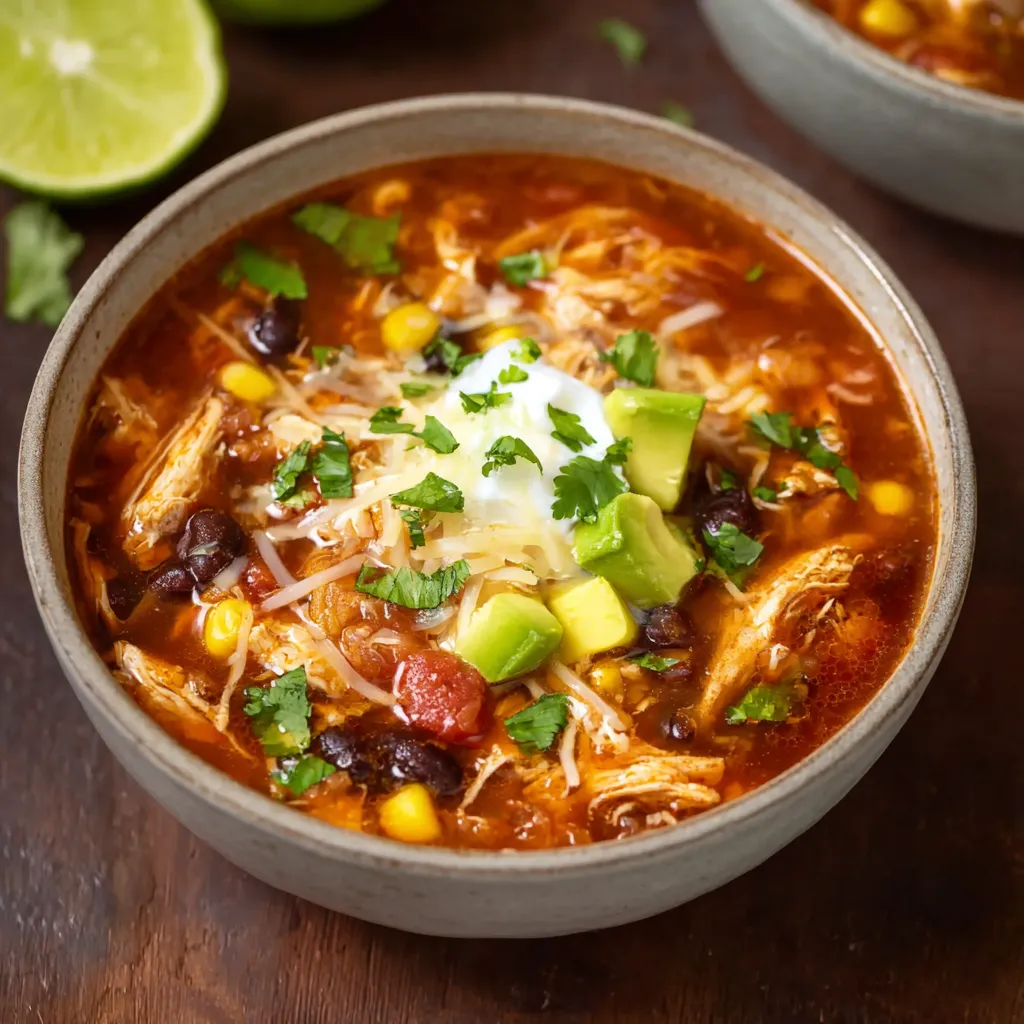 A bowl of soup with chicken, avocado, and lime.